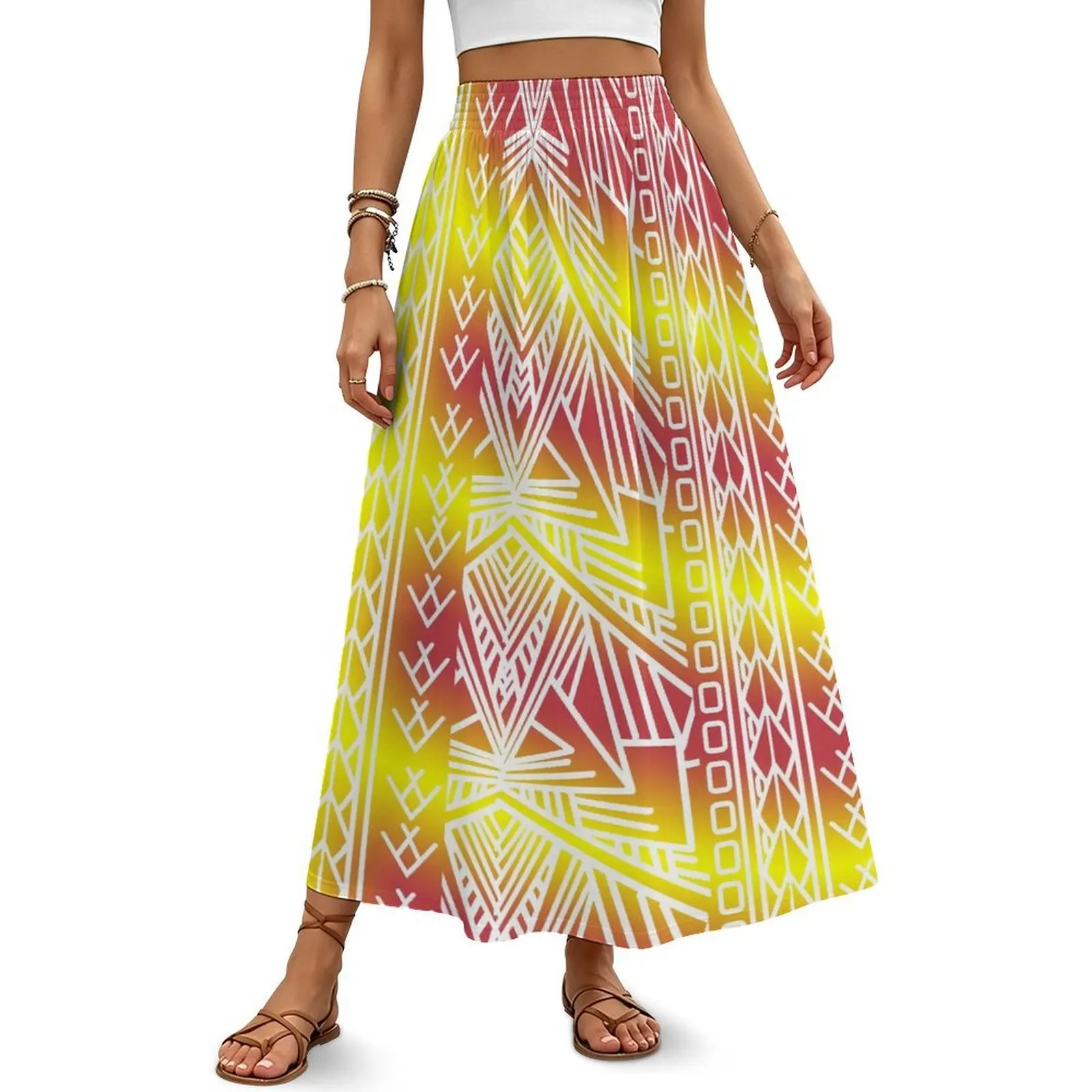 

Big Swing Party Holiday High Waist Long Skirts Best Selling Large Size 4XL Polynesian Tribal Hibiscus Print Summer Women Skirt