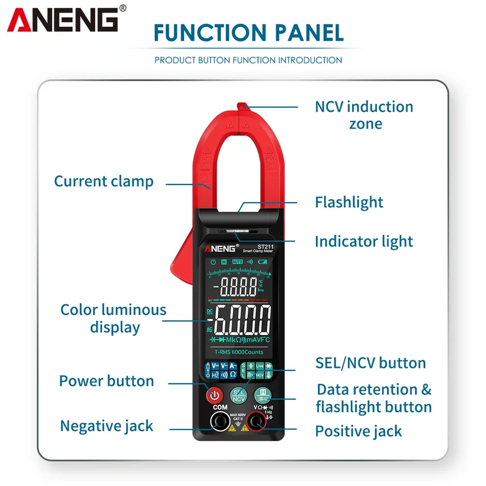 ANENG ST211 Current Clamp Meter Ammeter 6000 Counts Big Color Screen Test  AC DC Voltage Car Amp Hz NCV Ohm Tester Multímetros