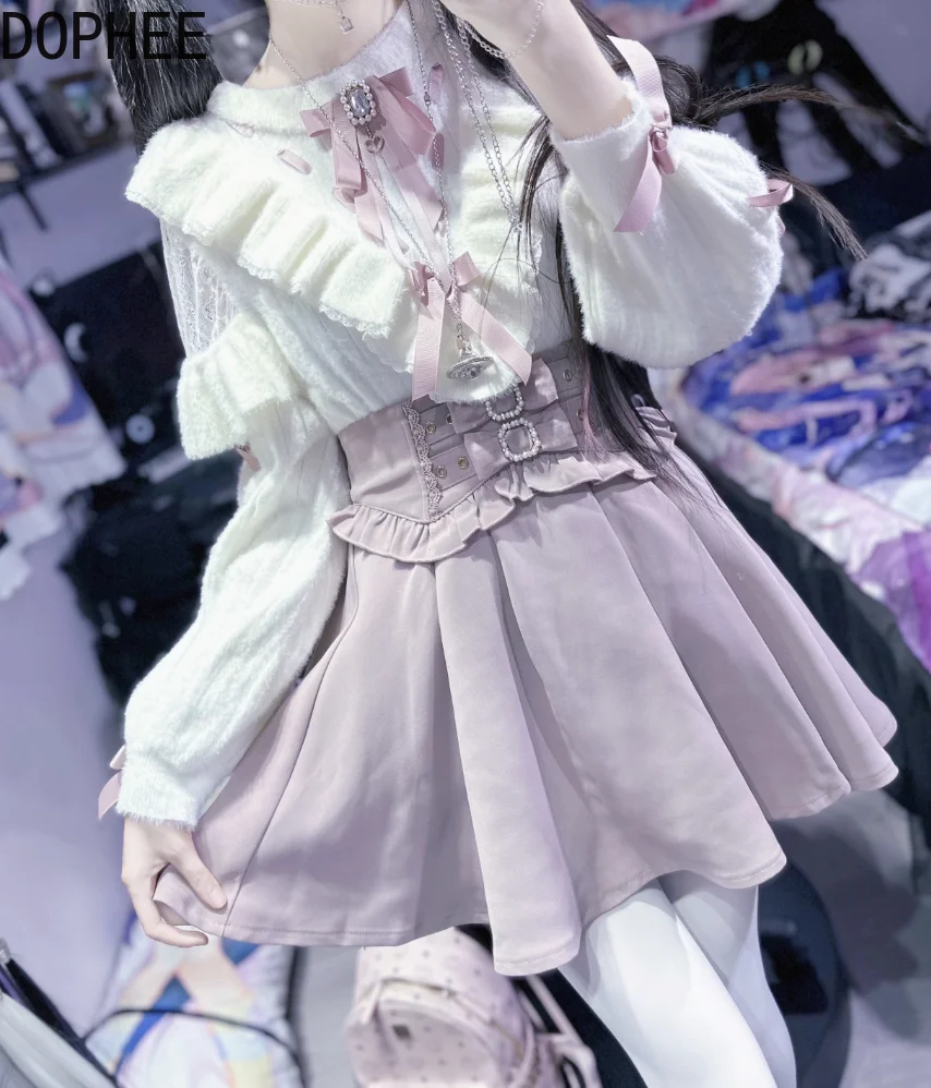 

Japanese Autumn Winter White Female Sweater Lolita Faux Mink Fur Knitted Top Cute Bow Diamonds Elegant Lace Long Sleeve Sweaters