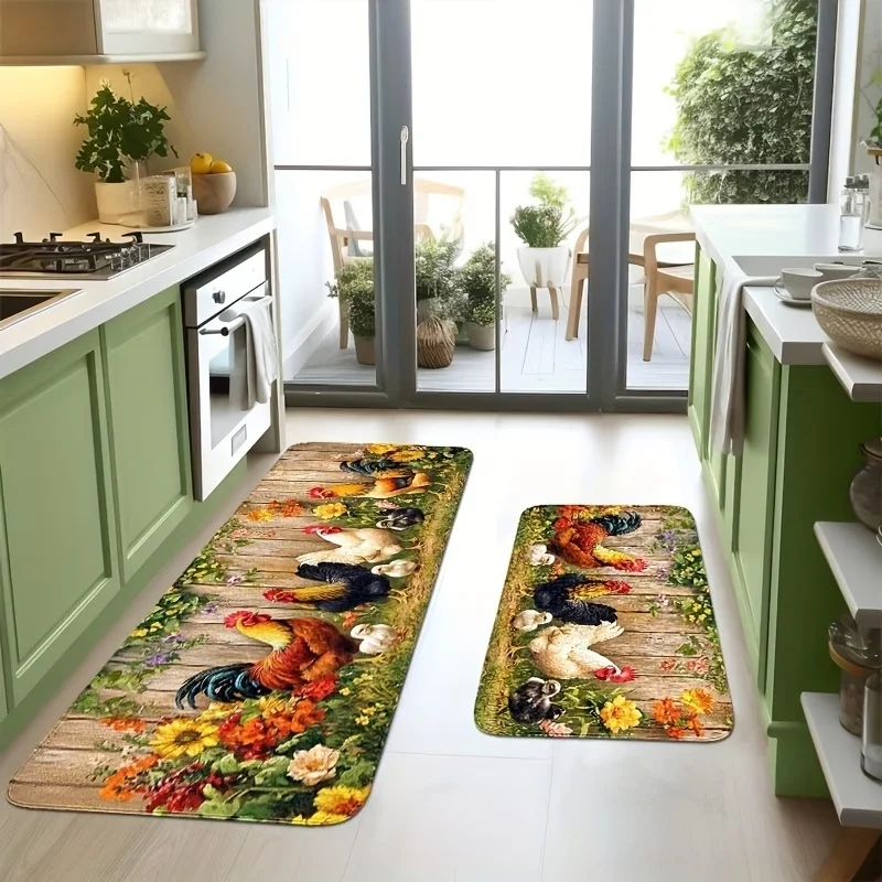 Newest Doormat Wooden Board Rooster Chicken Floral Print Washable Non Slip Farm Kitchen Rug Set for Living Room Bedroom