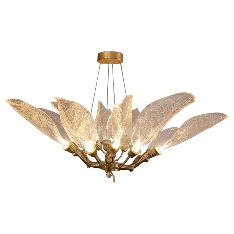 

Soft decoration design villa hotel natural leaves living room all copper chandelier