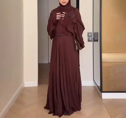 Ensemble deux pièces pour femmes, couleur unie, col haut, manches longues, haut ample et jupe longue pliée décontractée, nouvelle collection printemps automne 2025