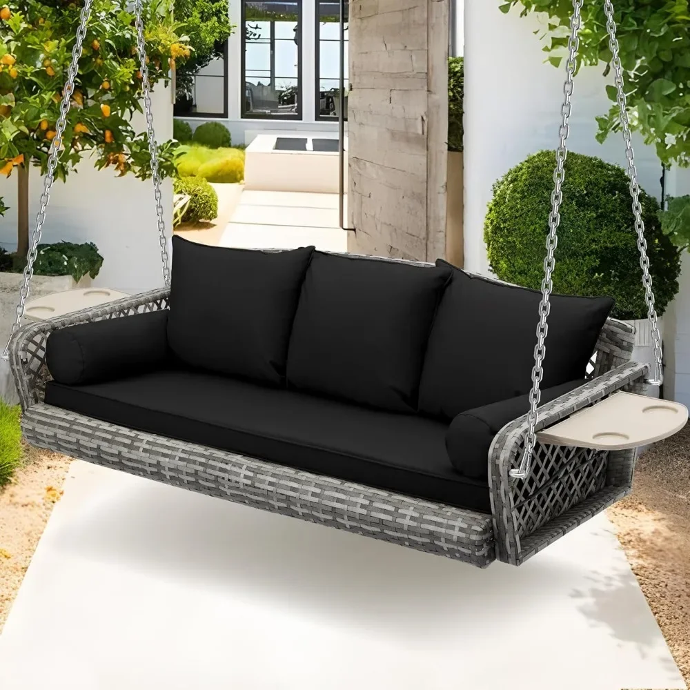 

3-Person Wicker Porch Swing - Outdoor Patio Bench w/ Cushion & Chains, 3-Seat Hanging Chair"​