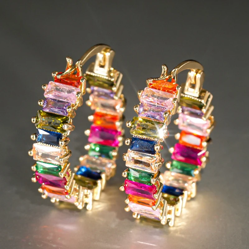 Huitan Luxury Trendy Rectangular Colorful CZ Promise Hoop Earrings for Women Wedding Party Rainbow CZ Circle Earrings Jewelry
