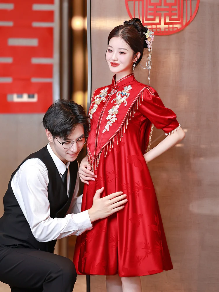 

Pregnant Bride Red Wedding Dr 2025 New Sle High Waist A-Line Skirt ort Sve Zipper Ba Evening Gown