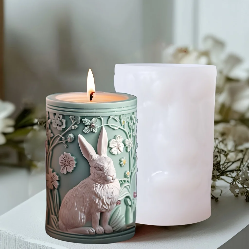 3D Lace Flower Rabbit Relief Cylinder Candle Silicone Mold Plant Vine Flower Easter Rabbit Statue Cylinder Resin Gypsum Molds