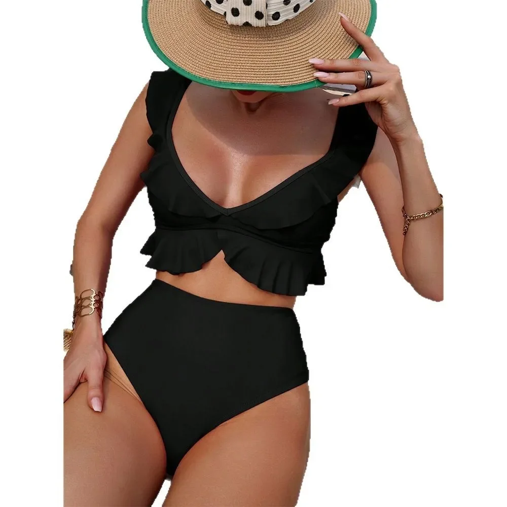 Nuevo conjunto de Bikini de cintura alta para mujer 2025, traje de baño de dos piezas con ribete de encaje de Color puro, traje de baño separado de estilo fresco de China continental