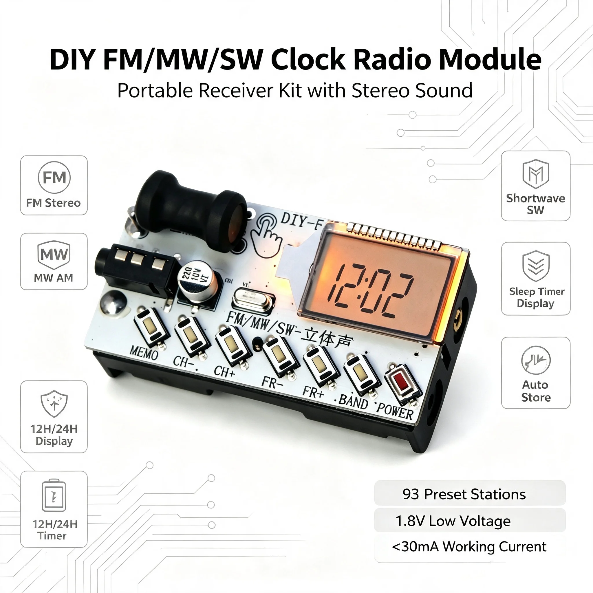 AM FM MW SW Radio Digital Clock LCD Display Frequency 4-Band Medium Wave Short Wave Receiver Broadcast Receiving Headphone Radio
