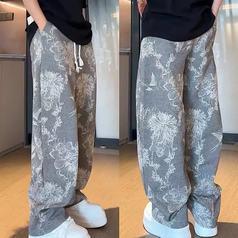 

Корейский стиль, весна 2023, новый ретро-дизайнер, свободные модные универсальные дизайнерские джинсы-карго с цветочным принтом в стиле хип-хоп с принтом