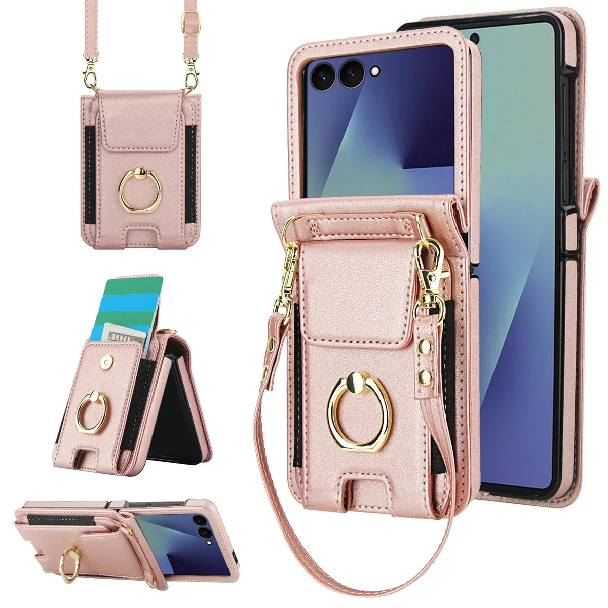 Lanyard Wallet Ringhalter Armband Karten Slot Umhängetasche Leder Handyhülle für Samsung Galaxy Z Flip 7 6 5 4 3 Flip7 FE Cover
