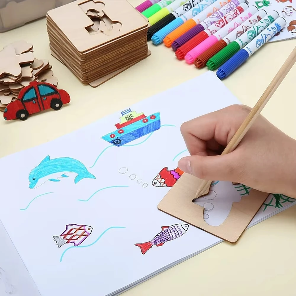 Jouets de dessin Montessori pour enfants, 20 pièces, modèle de peinture en bois, pochoirs, jouets éducatifs d'apprentissage, cadeau pour enfants