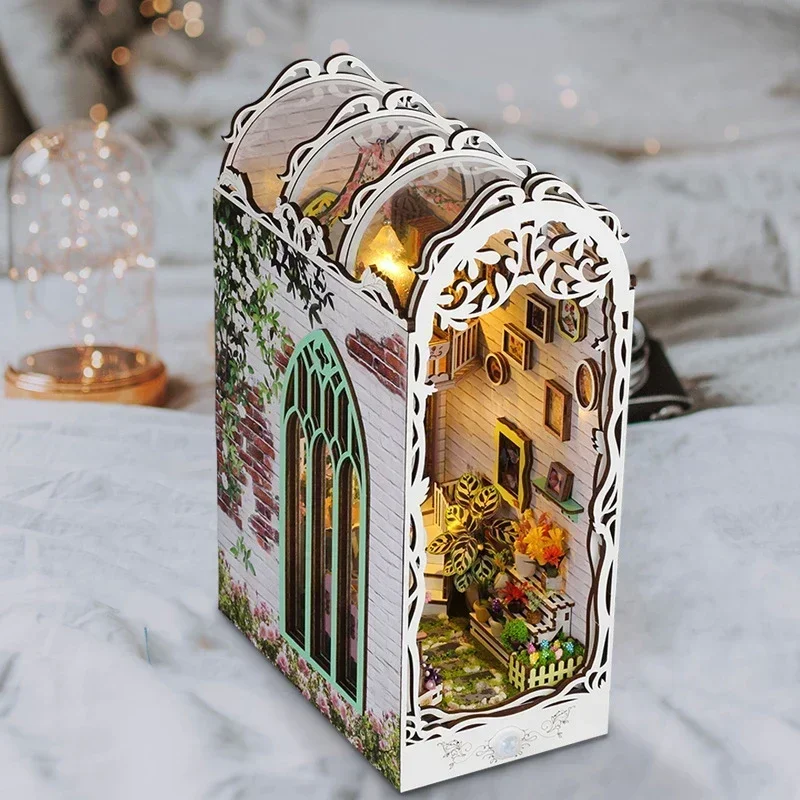 Flower House Home Bookend Desk Decoration, NEW Retro DIY Wooden Book Nook Shelf Insert Miniature Kits For Adult Handmade Gifts