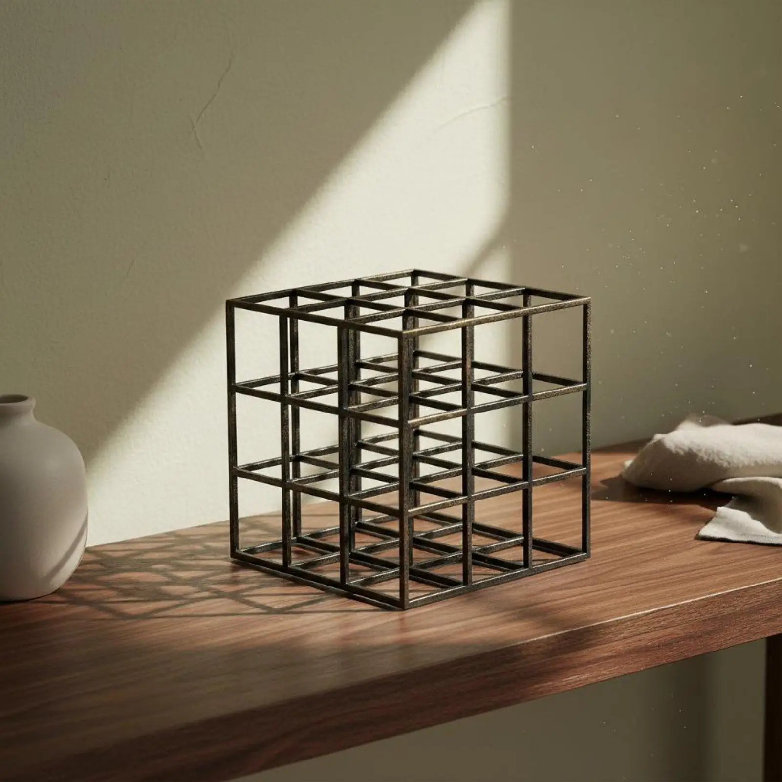 Modern Geometric Display Stand Iron Cube Sculpture Decorative Table Art for Living Room Office Entryway Centerpiece