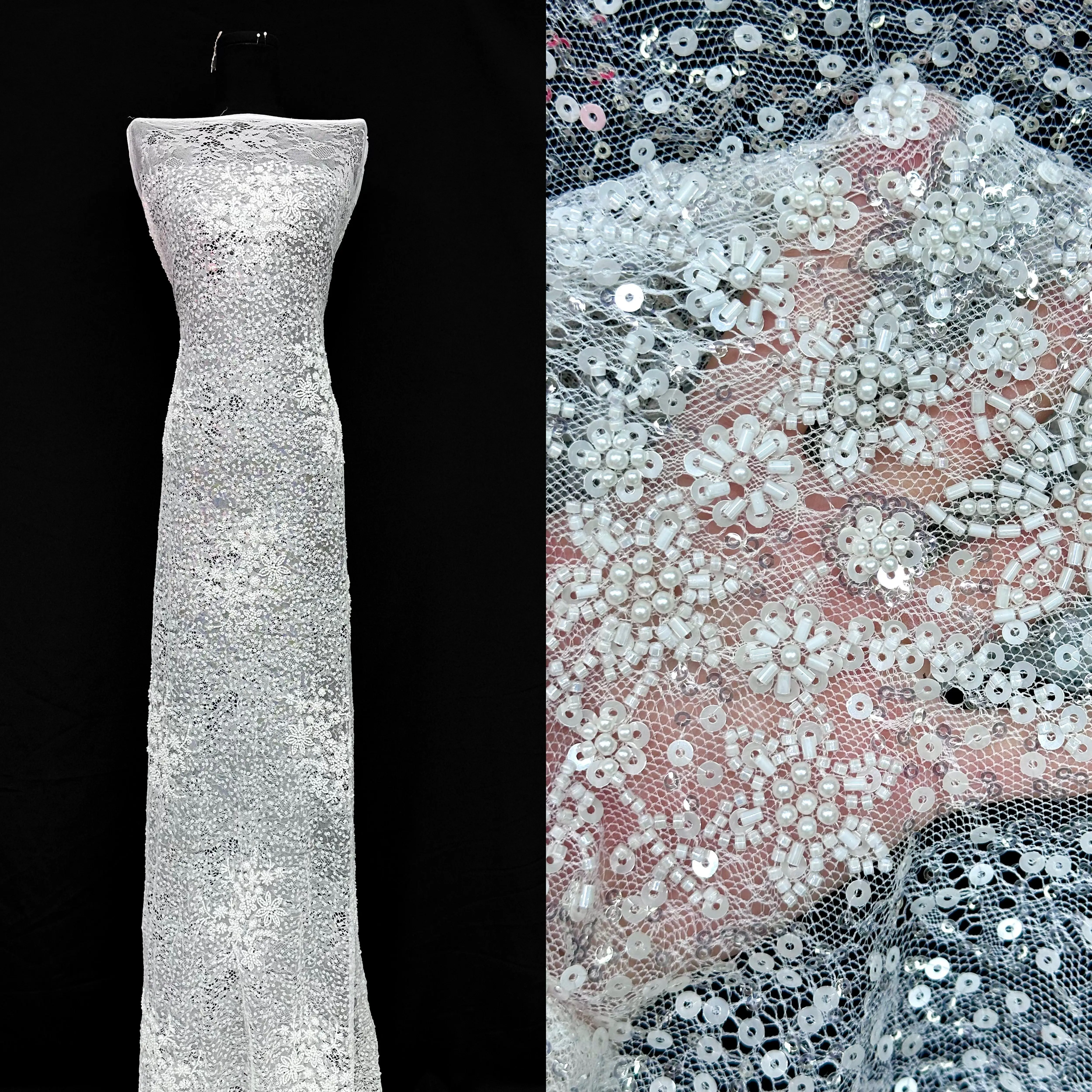 

Luxury African Sequins Beaded Lace Fabric Elegent European French Style for Party Wedding Dress Fabric