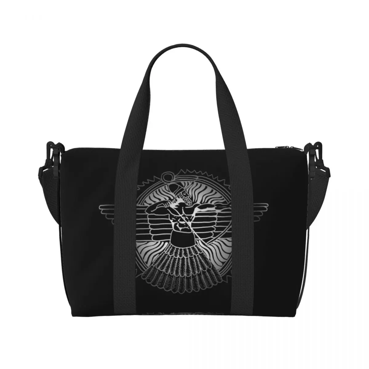 

Custom Assyrian God Ashur On Black Tote Bag for Women Big Capacity Ancient Flag Gym Beach Travel Bags