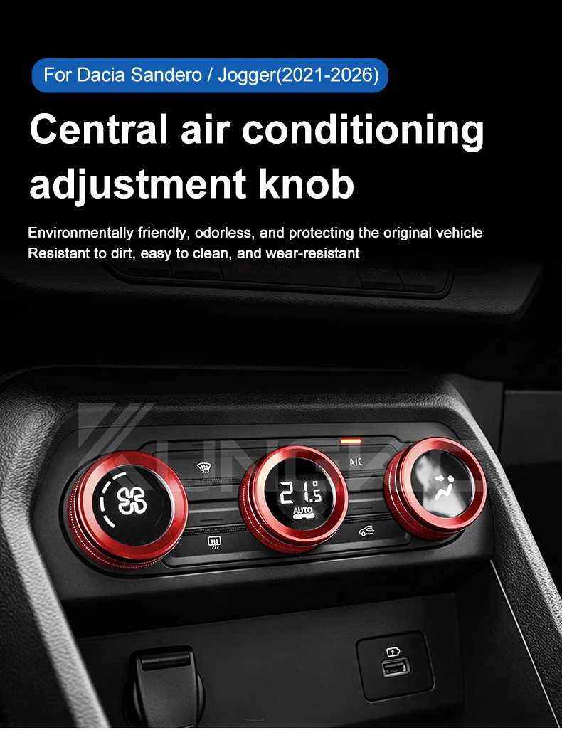 Für Dacia Sandero 3/Sandero Stepway III 2021 2022 2023 2024 2025 2026 Dacia Jogger Klimaanlagen-Einstellknopfringe ﻿ Zentrales Zubehör – Detail 1
