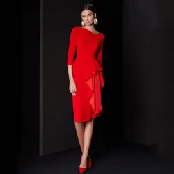 Red Cocktail Dress for Wedding 3/4 Sleeves Sheath Knee Length Short Cocktail Gown Ruffle Asymmetrical V Neck Woman's Party Dress