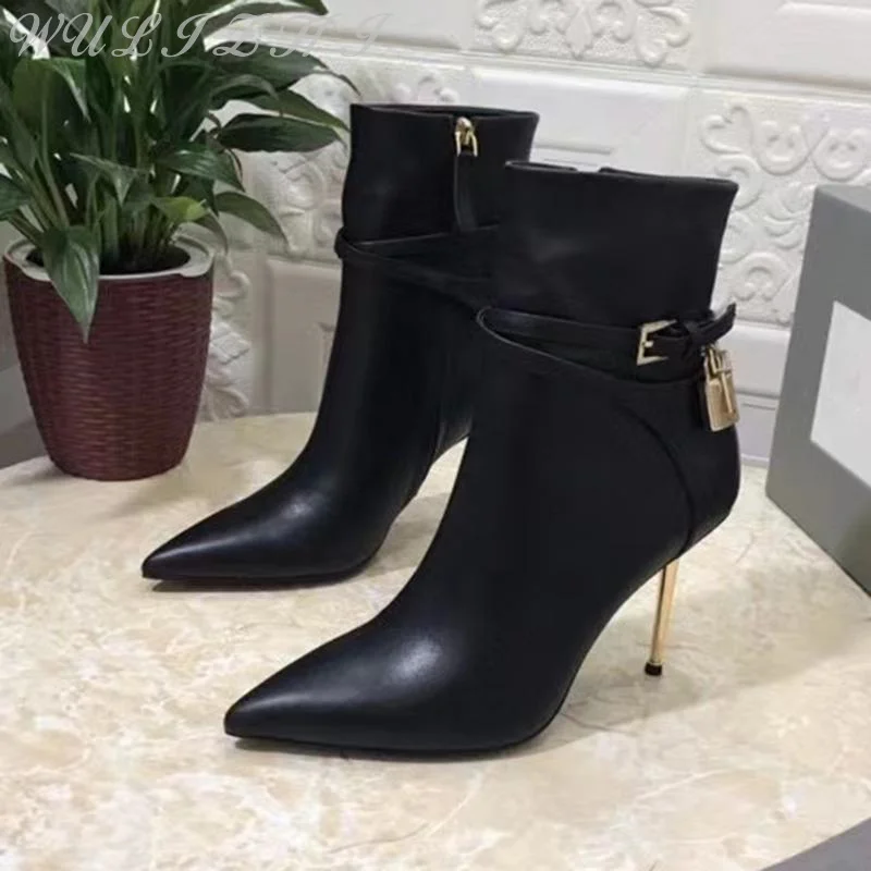 Black Genuine Leather Metal Lock Decoration High Heels Women\'s Sexy Elegant Zipper Modern Boots Belt Buckle Metal Heel Boots