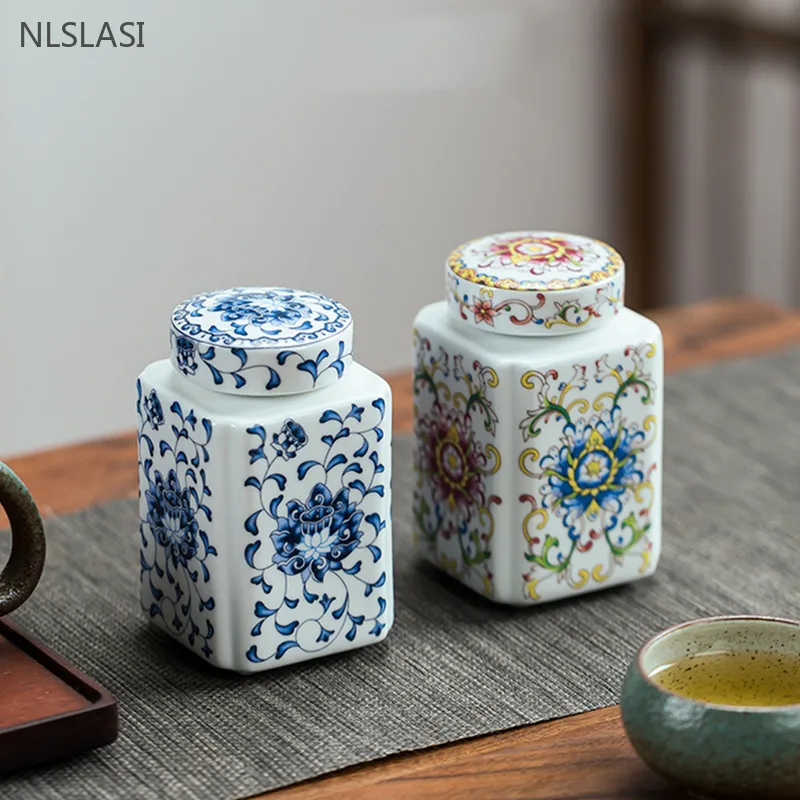 

200ml Square Ceramic Tea Caddy Chinese Blue and White Porcelain Sealed Tea Jar Exquisite Travel Coffee Container Tea Accessories