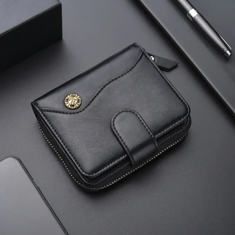 

Винтажный кожаный кошелек для мужчин, многофункциональный короткий мужской кошелек на молнии с пряжкой, кошелек для монет, роскошный брендовый карманный клатч с несколькими картами