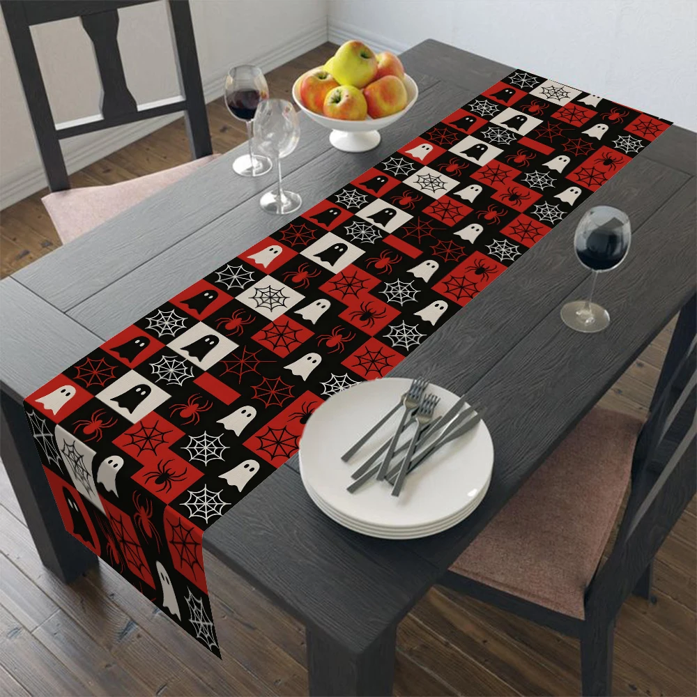 Halloween Table Runner, Black Red Plaid Ghost Spider Web Print Tablecloth, Holiday Dining Table Decor, For Halloween Party