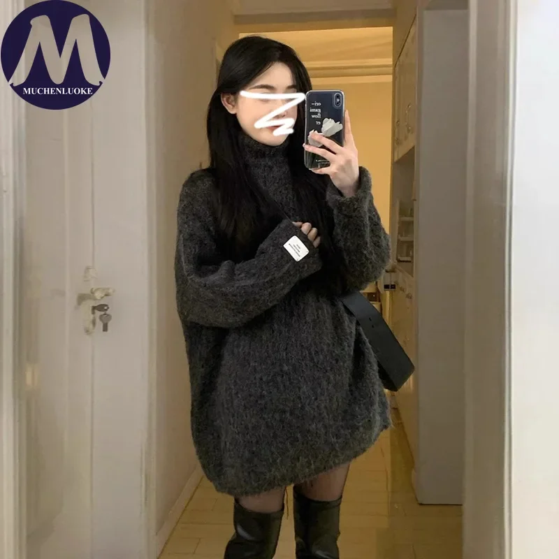 

Женский вязаный свитер с высоким воротом, осень-зима, ленивый стиль, средней длины, корейский модный повседневный свободный толстый пуловер