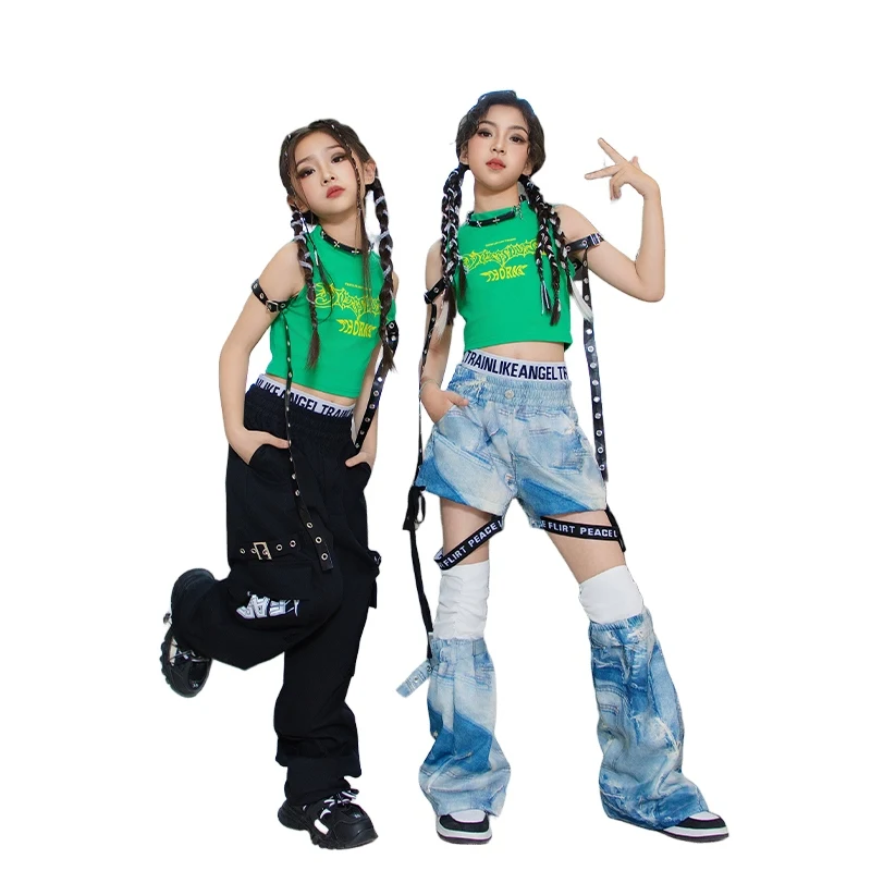 Kids Hip Hop Kleding Jazzdans Kostuum Meisjes Streetwear Groen Vest Cargo Broek Shorts Outfits Street Dance Kleding DN20394