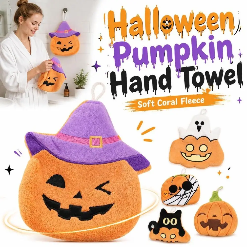 Soft Coral Fleece Halloween Pumpkin Hand Towel Absorbent Hangable Cartoon Cleaning Towels Black Cat/Ghost Kitchen Towels
