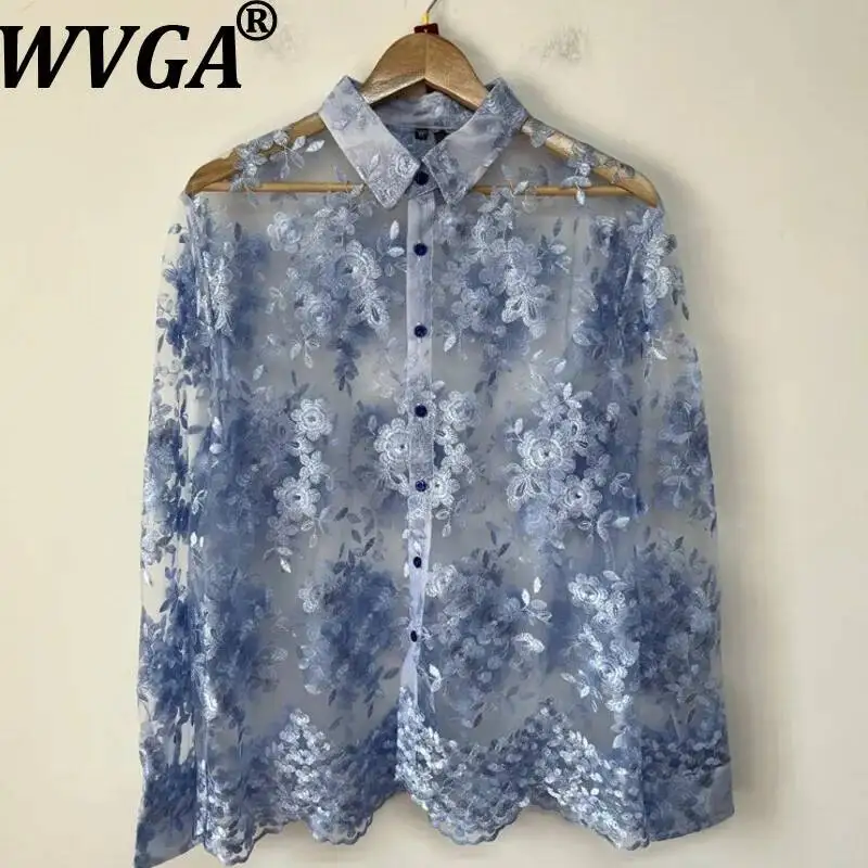 

WVGA Summer New Men's Floral Embroidered Sheer Mesh Trendy Long Sleeve Shirt By Original Designe Loose Fit Niche Tops Ins W23719