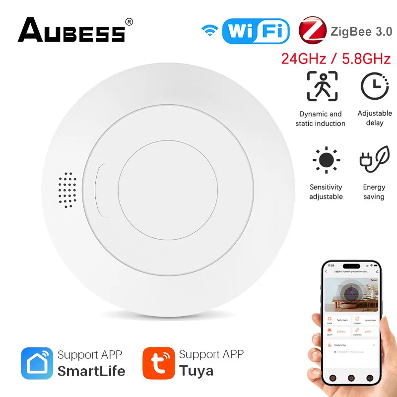 

Aubess ZigBee/WiFi 5.8/24G MmWave Radar Human Presence Motion Sensor Switch Light Luminosity Detection Tuya Smart Life Control