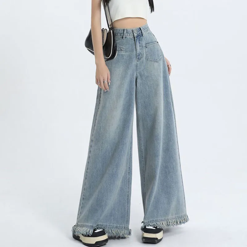 

Vintage Wide Leg Denim Pants Dress Women's New Spring Autumn Korean High Waist Design Sense Light Color Denim Trumpet Pants