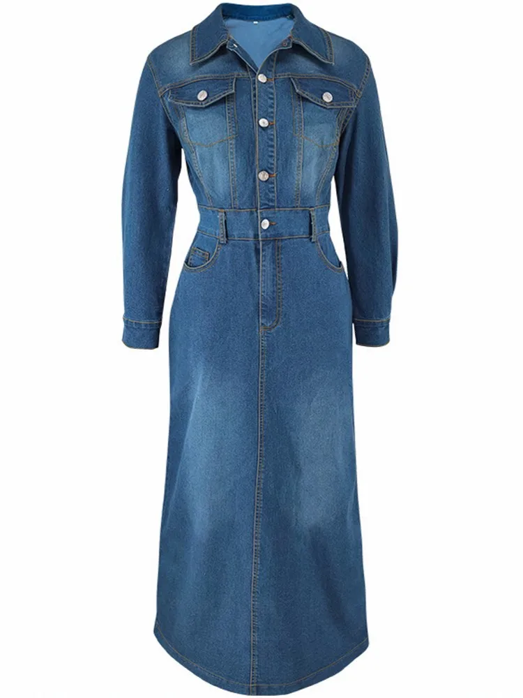 2024 autunno inverno moda nuovo Maxi vestito camicia collo tasca matita vestito Casual elegante temperamento monopetto Denim Dress