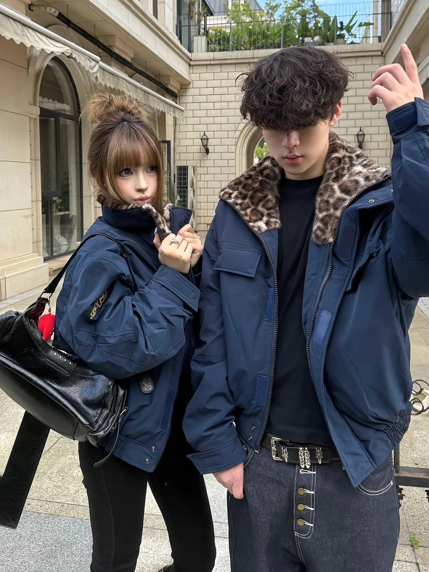 

American ort Sle k Blue Leopard Print Cotton Jaet Men Women Winter Workwear Cleanfit Tee-proof Casual Coat