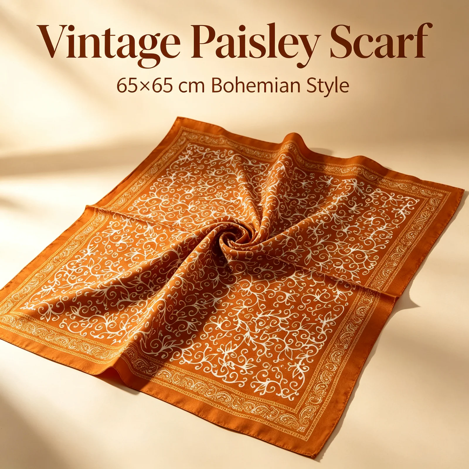 Solid Caramel Orange White Scroll Vine Paisley Faux Silk Square Scarf 65cm Women Multi-use Neck Waist Head Scarf Handbag Decor R