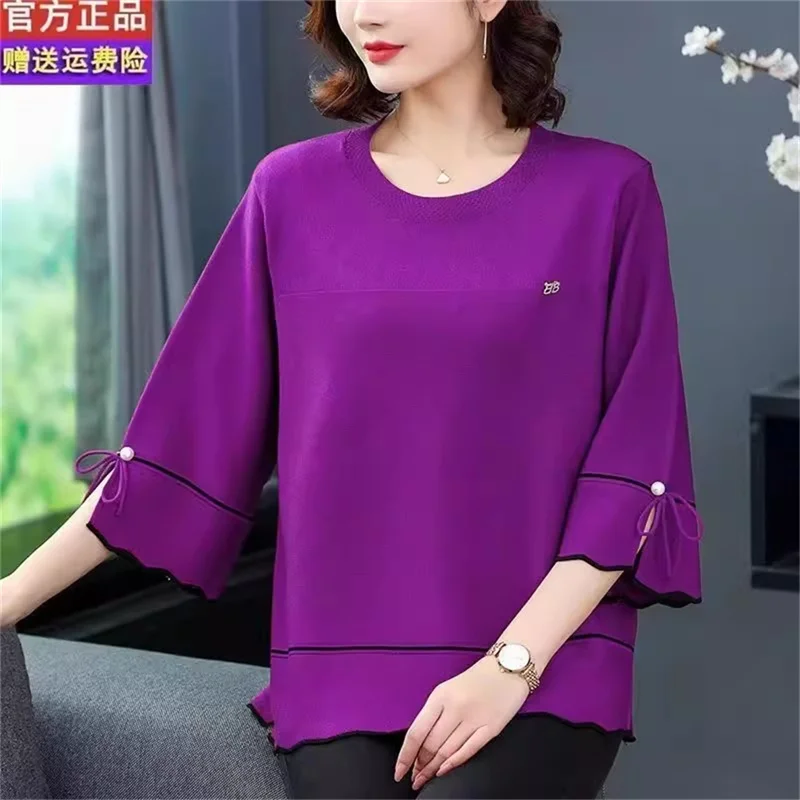 Fat Mom Large Summer New Ice Silk Shirt 3/4 Sleeves Round necked T-shirt Knit Sweater Loose Fitting Top For Wearing Outwear Top