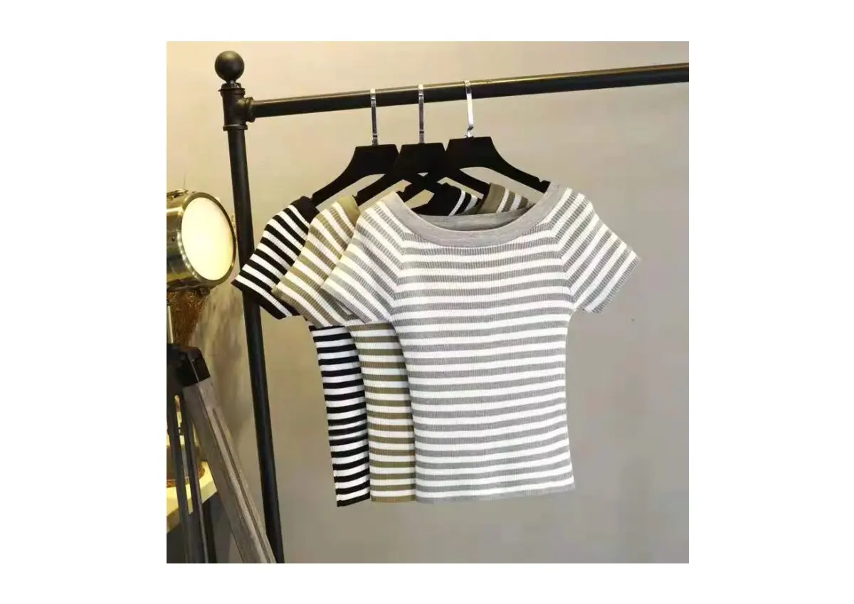 From shoulder short-sleeved blouse spring and autumn women sweater jumper stripe female jumper sexy knit crop top