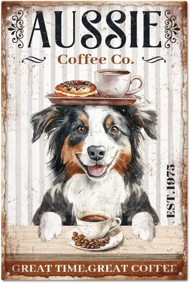 GLOBLELAND Vintage Collie Dog Coffee Metal Tin Sign /30x20cm Art Plaque Poster Wall Decor for Home Bar Club Restaurant Cafe-alum