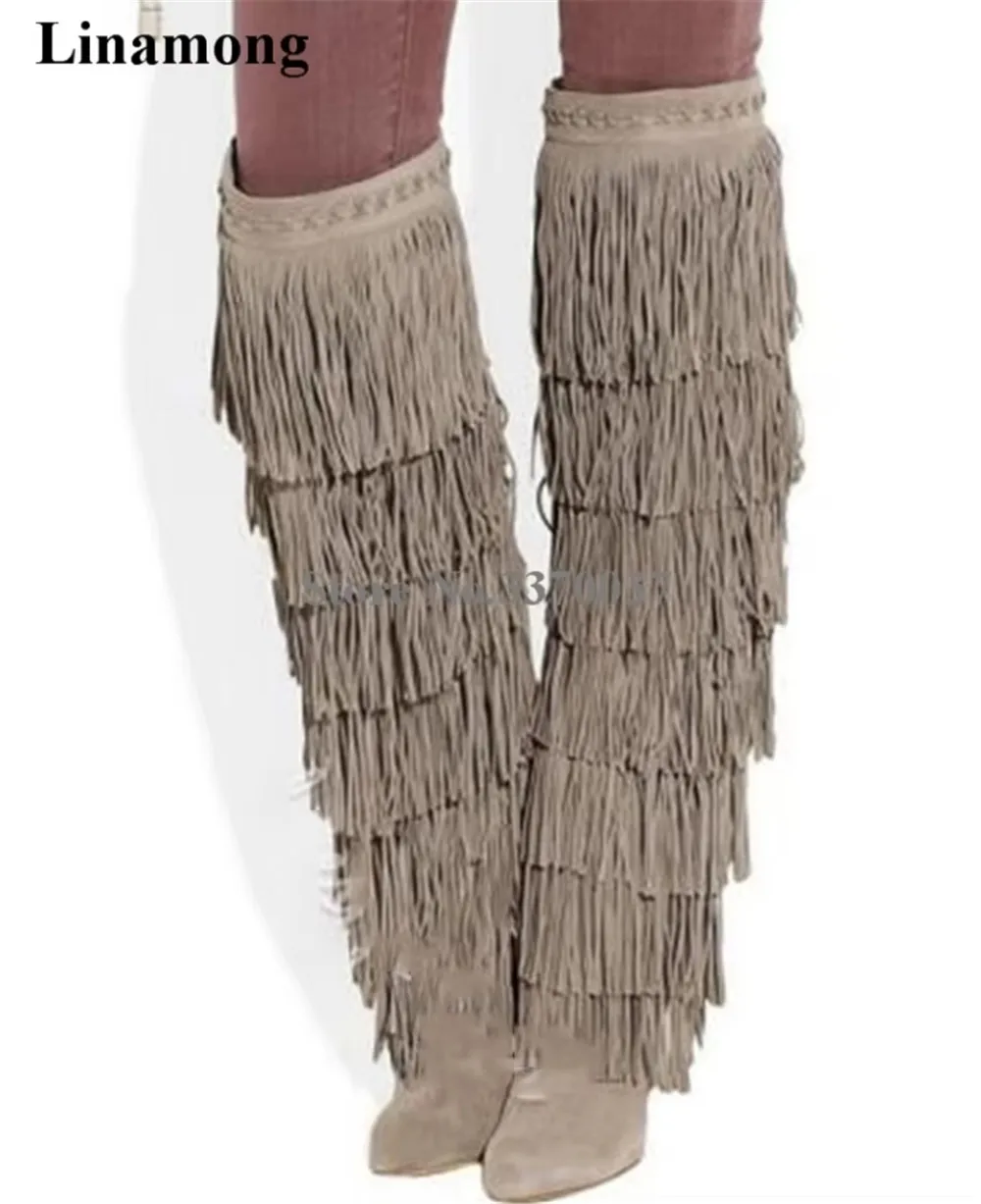 Winter Fashion Pointed Toe Suede Leather Long Tassels Thin Heel Over Knee Boots Sexy Fringed High Heel Long Boots