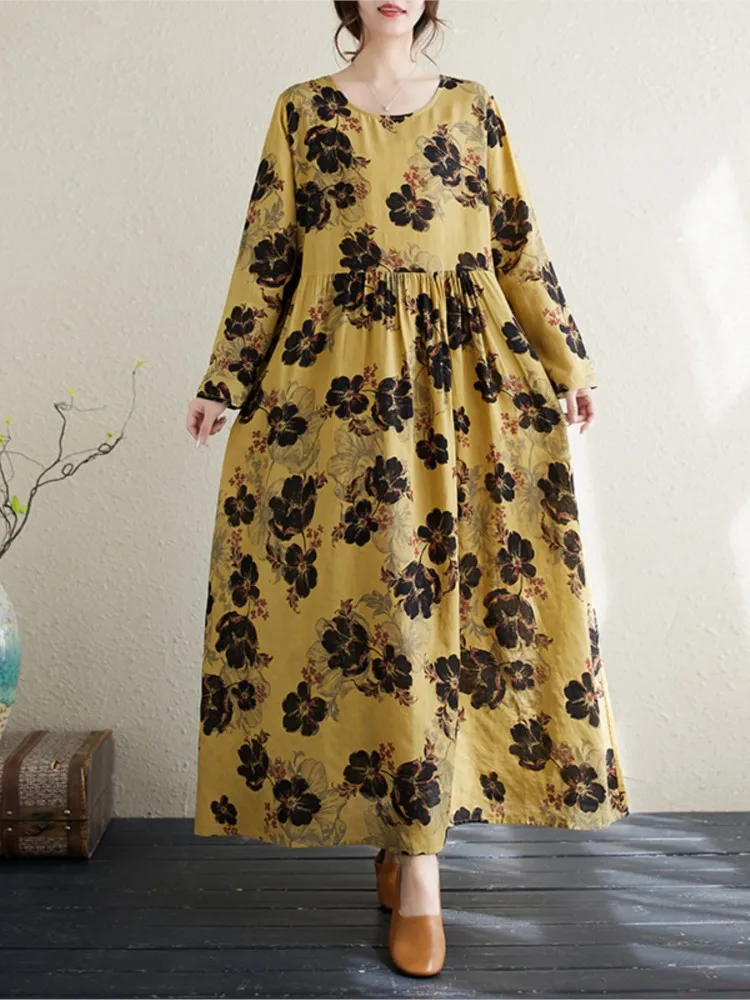 Oversized Autumn Cotton Linen Long Dress Flower Fashion Ruffle Pleated Ladies Dresses Loose Casual Long Sleeve Woman Dress 2023