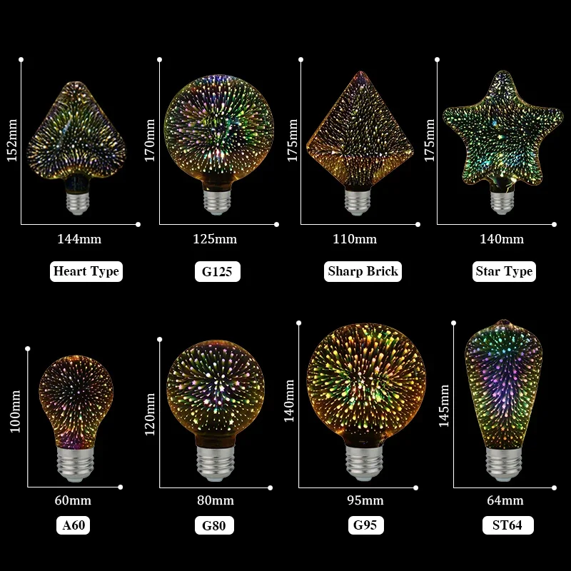 LED 3D Colorful Edison Light Bulb E27 220V Vintage Fireworks Decoration Bulb ST64 G95 A60 Christmas Ampoule LED Lamp Lighting