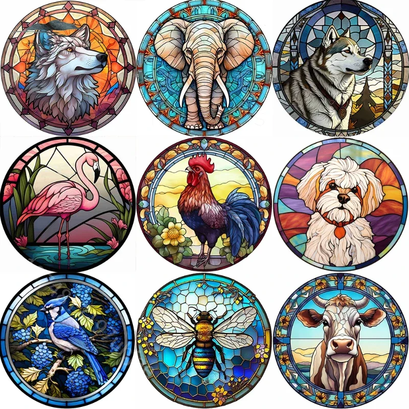 Animal Round Acrylic Hanging Decoration Dog Wolf Owl Painted Decoration Set Home Decorations Artwork Room Decor Window Hangings