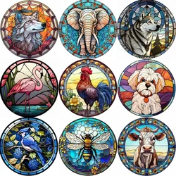 Animal Round Acrylic Hanging Decoration Dog Wolf Owl Painted Decoration Set Home Decorations Artwork Room Decor Window Hangings