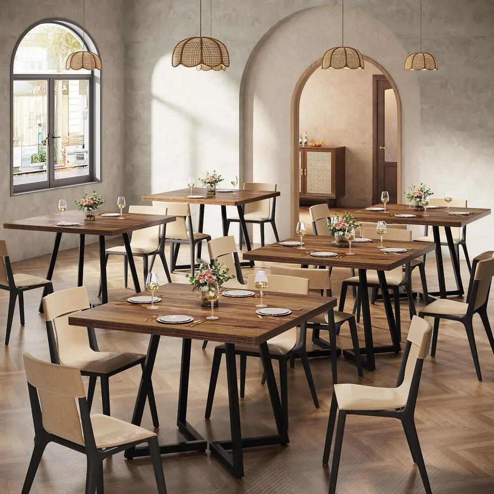 

Square Commercial Dining Table Set of 6, 31.5 Heavy Duty Dinner Table with Metal Base, Wooden Kitchen Table for Restaurant, Caf