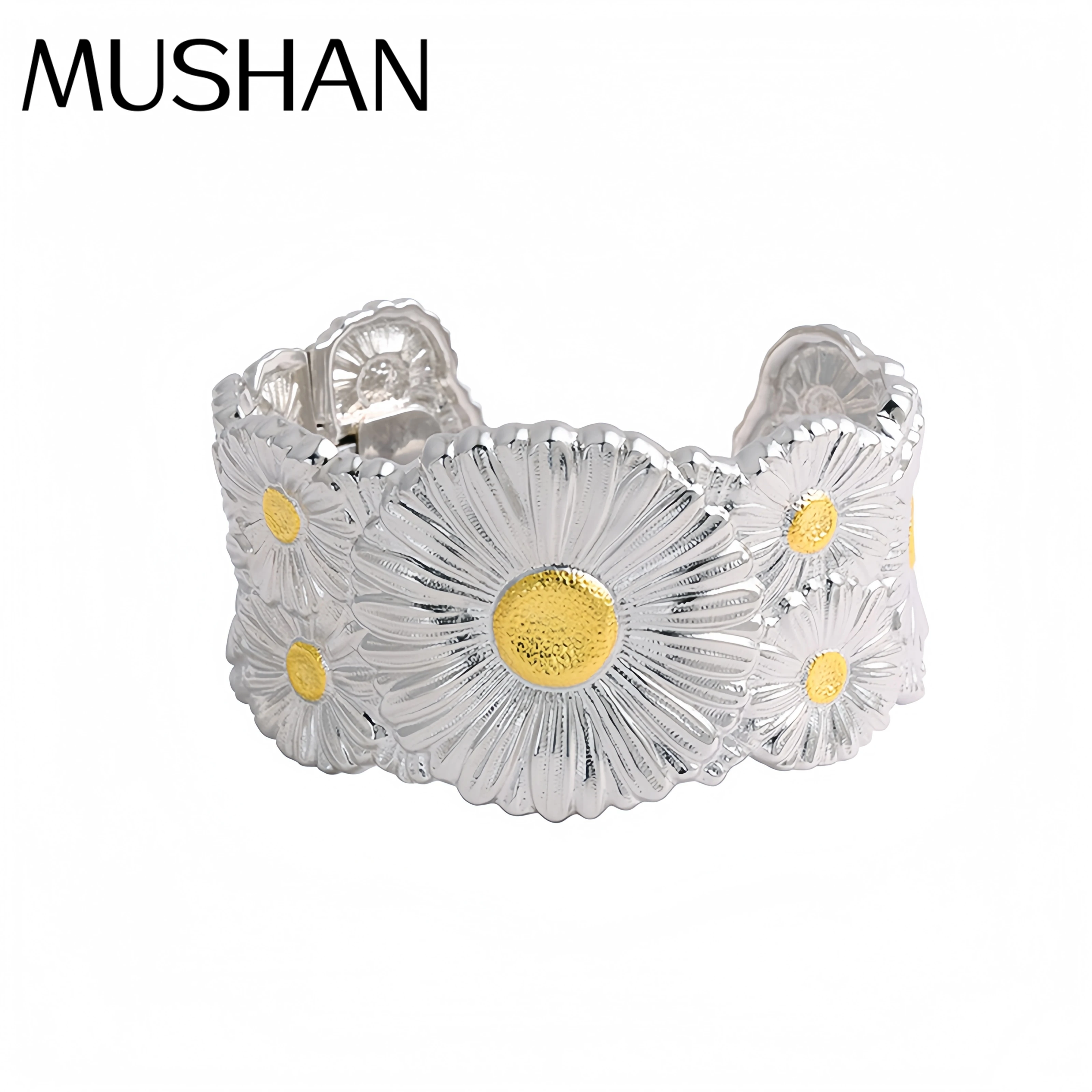 

Mushan Luxury Brand 925 Sterling Silver Bracelet 18k Gold Plating Wide Daisy Bracelets Fine Party Jewelry