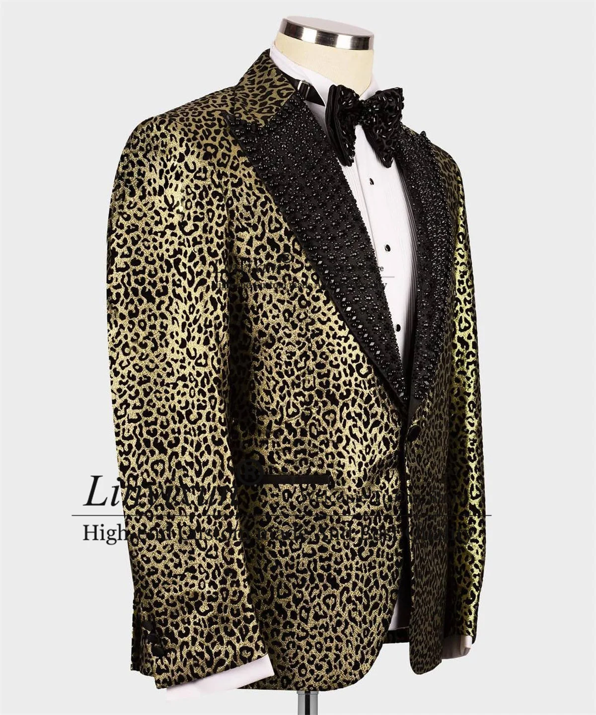 Fashion Leopard print Men Suits Luxury Beaded Crystals Groom Wedding Tuxedos 3 Pieces Sets Male Prom Blazers Slim Costume Homme