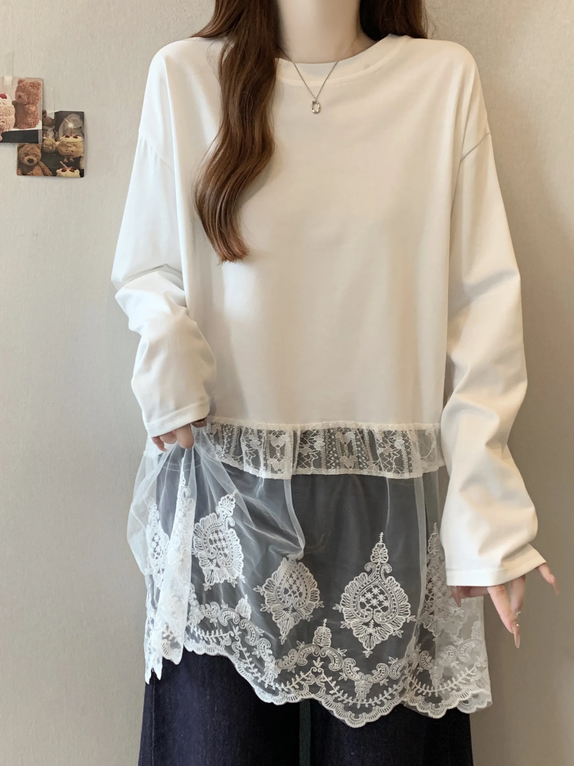 White Long Sleeve T-Shirt Base Shirt Women Spring Autumn plus Size Fat MM mid Length Butt Covering Lace Splicing Top