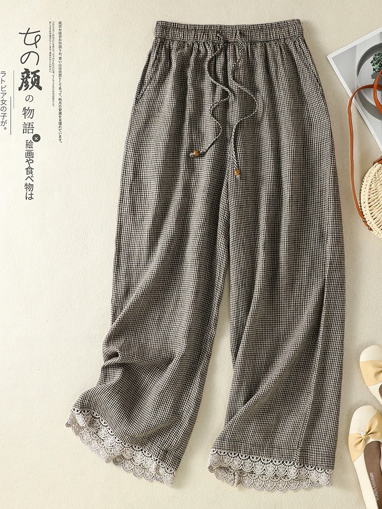 

Летние хлопковые льняные брюки в клетку с широкими штанинами, повседневные свободные прямые брюки в стиле ретро, универсальные брюки для женщин больших размеров, повседневный стиль