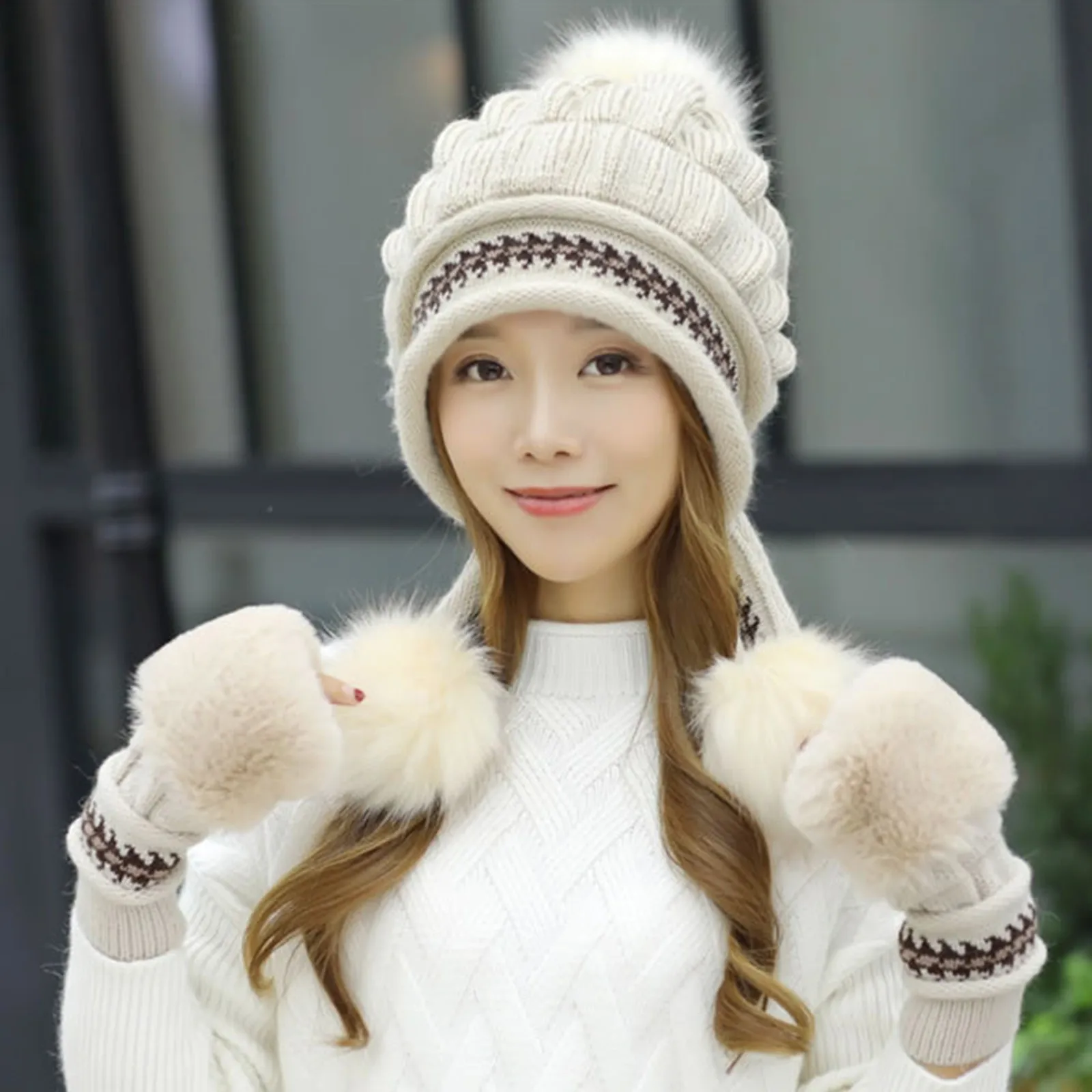 

2024 Winter Knit Hat Women Rabbit Fur Bomber Plush Snow Hats Pompom Female Solid Hip-Hop Beanie Outdoor Ear Protection Cap