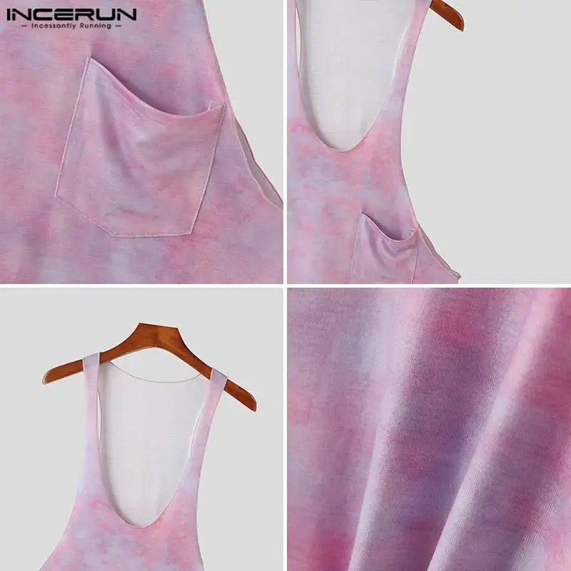 INCERUN Tops 2024 American Style Fashion Mens Tie Dye Low Neck Vests Sexy Casual Summer Hot Sale Sleeveless Thin Tank Tops S-5XL