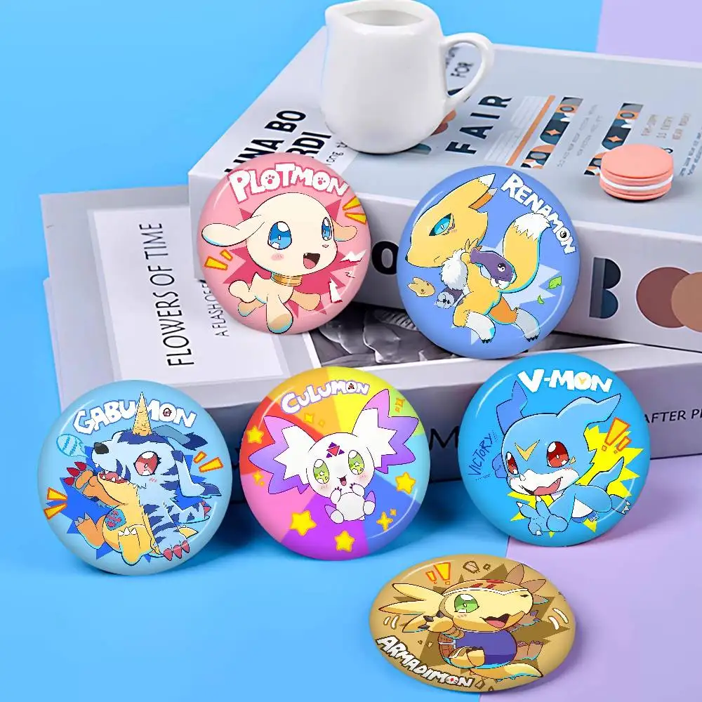 D-DigimonS Retro Anime Round Button Pins Slogan Creative Brooches Backpack Clothes Decoration Fashion Cartoon Jewelry Gifts
